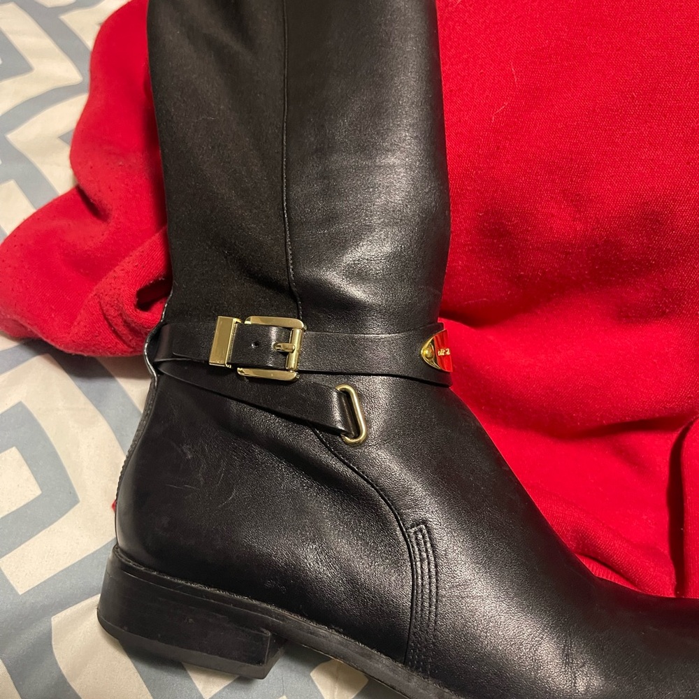 Michael Kors Black Leather Heeled Boots with Gold Accents - Picture 7 of 10